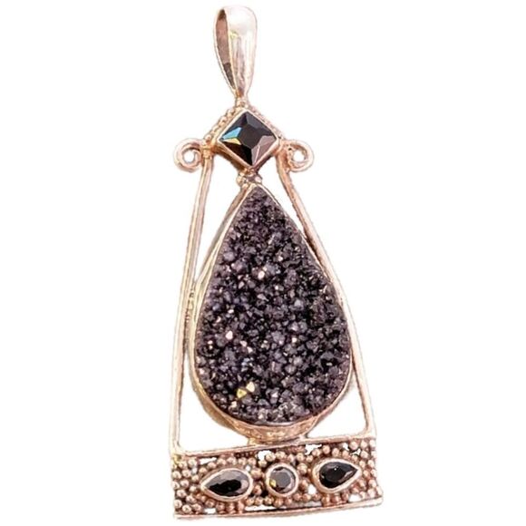 Sterling Contemporary Bali Style Black Druzy Stone Pendant - Picture 1 of 8